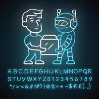 Transactional bot neon light icon. Artificial intelligence. Partner bot. Man and robot holding box. Delivery service. Glowing sign with alphabet, numbers and symbols. Vector isolated illustration