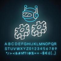 Work bot neon light icon. Software application. Optimizer robot with cogwheels. Cyborgs, AI. Artificial intelligence. Glowing sign with alphabet, numbers and symbols. Vector isolated illustration