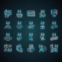 Bot types neon light icons set. Crawler, hacker, spambot, impersonator, scraper, propaganda robot. Artificial intelligence, ai. Virtual reality. Glowing signs. Vector isolated illustrations