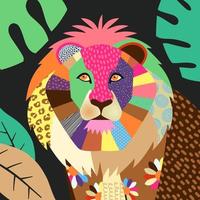 Colorful Folk Art Jungle Lion Animal Portrait vector