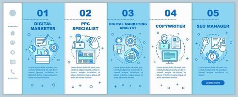 Digital marketing specialties onboarding mobile web pages vector template. Responsive smartphone website interface idea with linear illustrations. Webpage walkthrough step screens. Color concept
