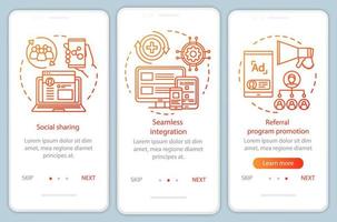 Elementos clave del programa de referencia que incorporan la pantalla de la página de la aplicación móvil con conceptos lineales. instrucciones gráficas de tres pasos paso a paso. atracción de clientes. ux, ui, plantilla de vector de interfaz gráfica de usuario con ilustraciones