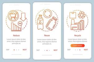 Waste management onboarding mobile app page screen vector template. Zero waste, reduce, reuse, recycle walkthrough website steps with linear illustrations. UX, UI, GUI smartphone interface concept