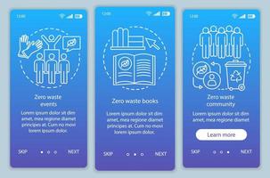 Zero waste education onboarding mobile app page screen vector template. Eco friendly lifestyle walkthrough website steps with linear illustrations. UX, UI, GUI smartphone interface concept