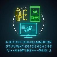 Posting affiliate links neon light icon. Affiliate and referral marketing. Product promotion and recommendation. Glowing sign with alphabet, numbers and symbols. Vector isolated illustration