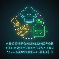 Cooking neon light concept icon. Family activities with kids idea. Indoor recreation. Steak cooking. Glowing sign with alphabet, numbers and symbols. Vector isolated illustration