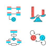 conceptos de diagrama conjunto de iconos de colores. actividad, comparación, flujo, gráficos de estado. datos estadísticos y visualización de procesos. representación simbólica de la información. ilustraciones vectoriales aisladas vector