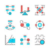 conceptos de diagrama conjunto de iconos de colores. datos estadísticos y visualización del flujo de procesos. representación simbólica de la información. comparaciones entre categorías discretas. ilustraciones vectoriales aisladas vector