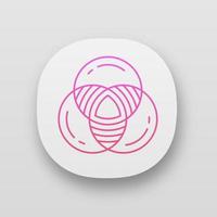 Venn diagram app icon. Primary diagram. Three overlapping closed circles. Symbolic representation of relations. UI UX user interface. Web or mobile applications. Vector isolated illustrations