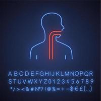 Healthy throat neon light icon. Oral cavity, pharynx and esophagus in good health. Upper section of alimentary canal. Glowing sign with alphabet, numbers and symbols. Vector isolated illustration