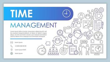 Time management banner, business card template. Workflow optimization. Company contact with phone, email line icons. Business process organization. Presentation, web page idea. Corporate print layout vector