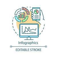 Infographics concept icon. Awareness content idea thin line illustration. Content marketing channel. Statistics, web analytics, smm metrics. Vector isolated outline drawing. Editable stroke