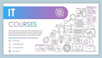 IT course banner, business card vector template. Software development. Company contact with phone, email linear icons. Programming, coding. Presentation, web page idea. Corporate print design layout