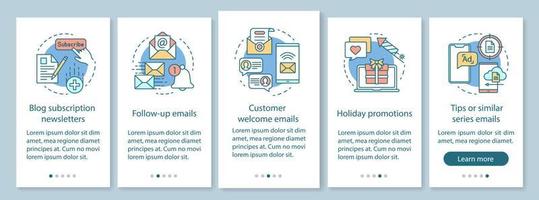 Email marketing onboarding mobile app page screen with linear concepts. Mass mailing. Emails and newsletters walkthrough steps graphic instructions. UX, UI, GUI vector template with illustrations