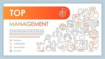 Top management banner, business card vector template. Team building. Workflow optimization. Company contacts with line icons. Business performance. Presentation, web page idea. Corporate print layout