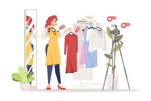 Fashion blogger flat vector illustration. Dress, online shopping, clothing store and lookbooks influencer review. Women style streamer isolated cartoon character. Stylist, fashionista, fashion advisor