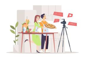 Food and cooking blog flat vector illustration. Culinary show, vlog. Couple cooking pizza online stream. Meal preparation workshop, online classes. Streamers, bloggers, vloggers cartoon character