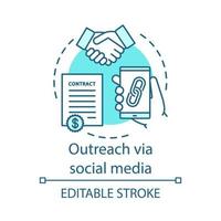 Outreach via social media blue concept icon. Social networks idea thin line illustration. Online PR. Brand awareness. Build new relationships. Vector isolated outline drawing. Editable stroke