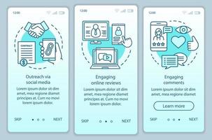 plantilla de vector de pantalla de página de aplicación móvil onboarding turquesa en línea pr. redes sociales, comentarios atractivos a través de los pasos del sitio web con ilustraciones lineales. concepto de interfaz de teléfono inteligente ux, ui, gui