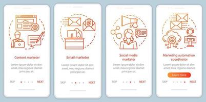 Especialidades de marketing digital Plantilla de vector de pantalla de página de aplicación móvil de incorporación naranja. los pasos del sitio web del tutorial del coordinador con ilustraciones lineales. concepto de interfaz de teléfono inteligente ux, ui, gui