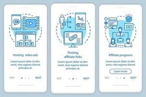 Plantilla de vector de pantalla de página de aplicación móvil de incorporación azul de marketing de afiliados. Pasos del sitio web del tutorial de publicidad de afiliados con ilustraciones lineales. concepto de interfaz de teléfono inteligente ux, ui, gui