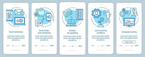 Plantilla de vector de pantalla de página de aplicación móvil de incorporación azul de automatización de marketing. plataformas de software a través de pasos del sitio web con ilustraciones lineales. concepto de interfaz de teléfono inteligente ux, ui, gui