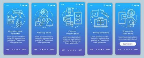Email marketing blue onboarding mobile app page screen vector template. Business strategy, promotions walkthrough website steps with linear illustrations. UX, UI, GUI smartphone interface concept