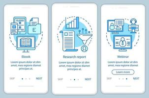 Consideration content blue onboarding mobile app page screen vector template. Research report walkthrough website steps with linear illustrations. UX, UI, GUI smartphone interface concept