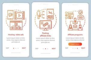 Plantilla de vector de pantalla de página de aplicación móvil de incorporación naranja de marketing de afiliados. Pasos del sitio web del tutorial de publicidad de afiliados con ilustraciones lineales. concepto de interfaz de teléfono inteligente ux, ui, gui