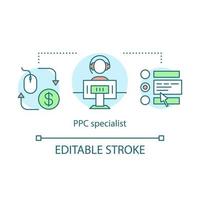 PPC specialist concept icon. Digital marketing specialty idea thin line illustration. Paid search analyst, marketer. Pay per click management. Vector isolated outline drawing. Editable stroke