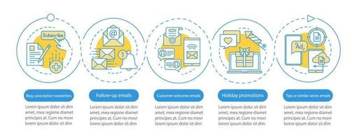 Plantilla de infografía de vector de marketing por correo electrónico. envío. elementos de diseño de presentación de negocios. visualización de datos con cinco pasos y opciones. gráfico de la línea de tiempo del proceso. diseño de flujo de trabajo con iconos lineales