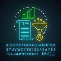 Research report neon light icon. Sales conversions funnel. Marketing metrics, analytics. Search information result. Glowing sign with alphabet, numbers and symbols. Vector isolated illustration