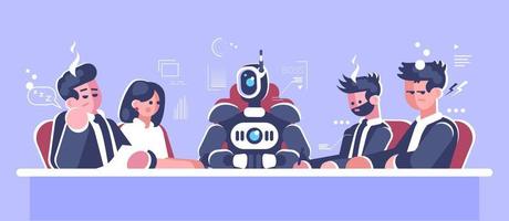 Boss robot flat illustration. AI top manager, team leader replace human. Robotic executive and unhappy, sad human workers cartoon characters. Cyborg, humanoid employer with artificial intelligence vector