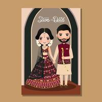 Wedding invitation card the bride and groom cute couple in traditional indian dress cartoon character vector