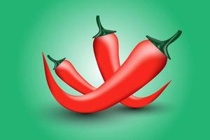 Red chili pepper isolated on green color background, Vector realistic in 3D illustration.