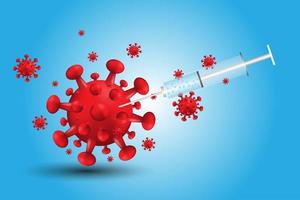 Coranavirus concept background. Syringe with vaccine destroying virus COVID - 19 molecules. Vector illustration.