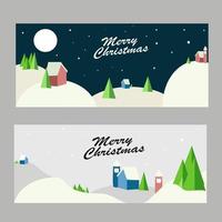 Merry Christmas greeting card. Modern calligraphy letters. Typographic vector design, beautiful landscape background, houses and pine trees lined up.