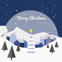 Christmas landscape with big christmas tree, village and mountains in the background, beautiful holiday landscape with snow falling from the sky and text that says merry christmas vector