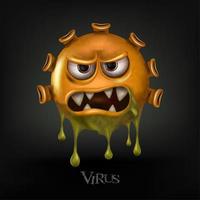 Las células del virus covid-19 o el virus corona y las bacterias se cierran aisladas sobre fondo negro, vector e ilustración.