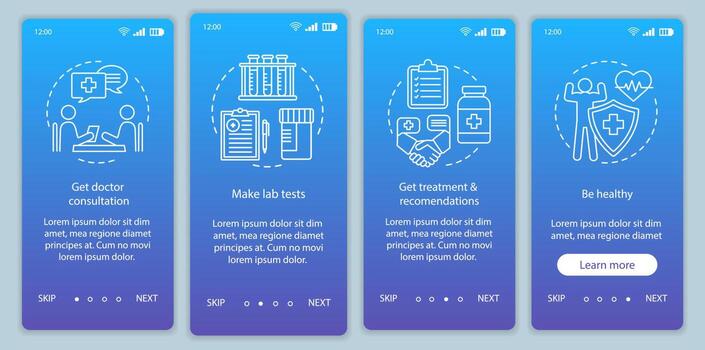 plantilla de vector de pantalla de página de aplicación móvil de incorporación de exámenes de salud. obtenga consulta médica, tratamiento. paso a paso del sitio web con ilustraciones lineales. concepto de interfaz de teléfono inteligente ux, ui, gui