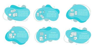 Public speaking course concept illustrations. Oratory training infographic template. Fluid elements with text and linear icons. Six wavy bubbles steps. Presentation, banner report vector cliparts