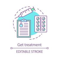 Medical treatment concept icon. Doctor's advice idea thin line illustration. Pills blister, vaccination, medical report. Vector isolated outline drawing. Editable stroke