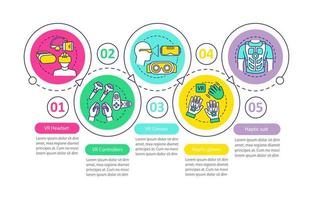 Plantilla de infografía de vector de herramientas vr. equipos de realidad virtual. auriculares, controladores, gafas. visualización de datos con cinco pasos y opción. gráfico de la línea de tiempo del proceso. diseño de flujo de trabajo con iconos