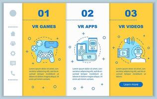 VR programs onboarding mobile web pages vector template. Virtual reality videos, apps, games. Responsive smartphone website interface idea. Webpage walkthrough step screens. Color concept