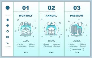 Office rent tariff plans onboarding mobile app screens templates. Walkthrough website interface. Rental properties. Monthly, annual, premium service prices. Smartphone subscription payment web page vector