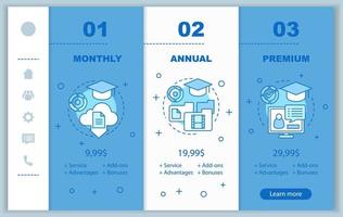 Precios de cursos educativos en línea Incorporación de pantallas de aplicaciones móviles. e-learning. plantillas de páginas de sitios web de recorridos. planes tarifarios mensuales y anuales. suscripción, pago de membresía diseño web de teléfono inteligente vector