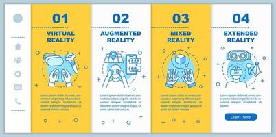 Extended reality onboarding mobile web pages vector template. Virtual, mixed, augmented realities. Responsive smartphone website interface idea. Webpage walkthrough step screens. Color concept