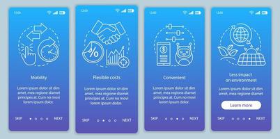 Advantages of online tools onboarding mobile app page screen with linear concepts. Mobility, flexible cost, convenient walkthrough steps graphic instructions. UX, UI, GUI vector template with icons