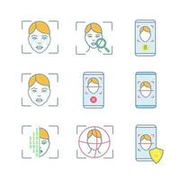 Facial recognition color icons set. Biometric identification. Faceprint analysis, face lock scanning, banking, rejection, protection smartphone apps, 3d ID scanner. Isolated vector illustrations