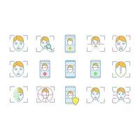 Facial recognition color icons set. Face ID scan software. Biometric identification. Isolated vector illustrations